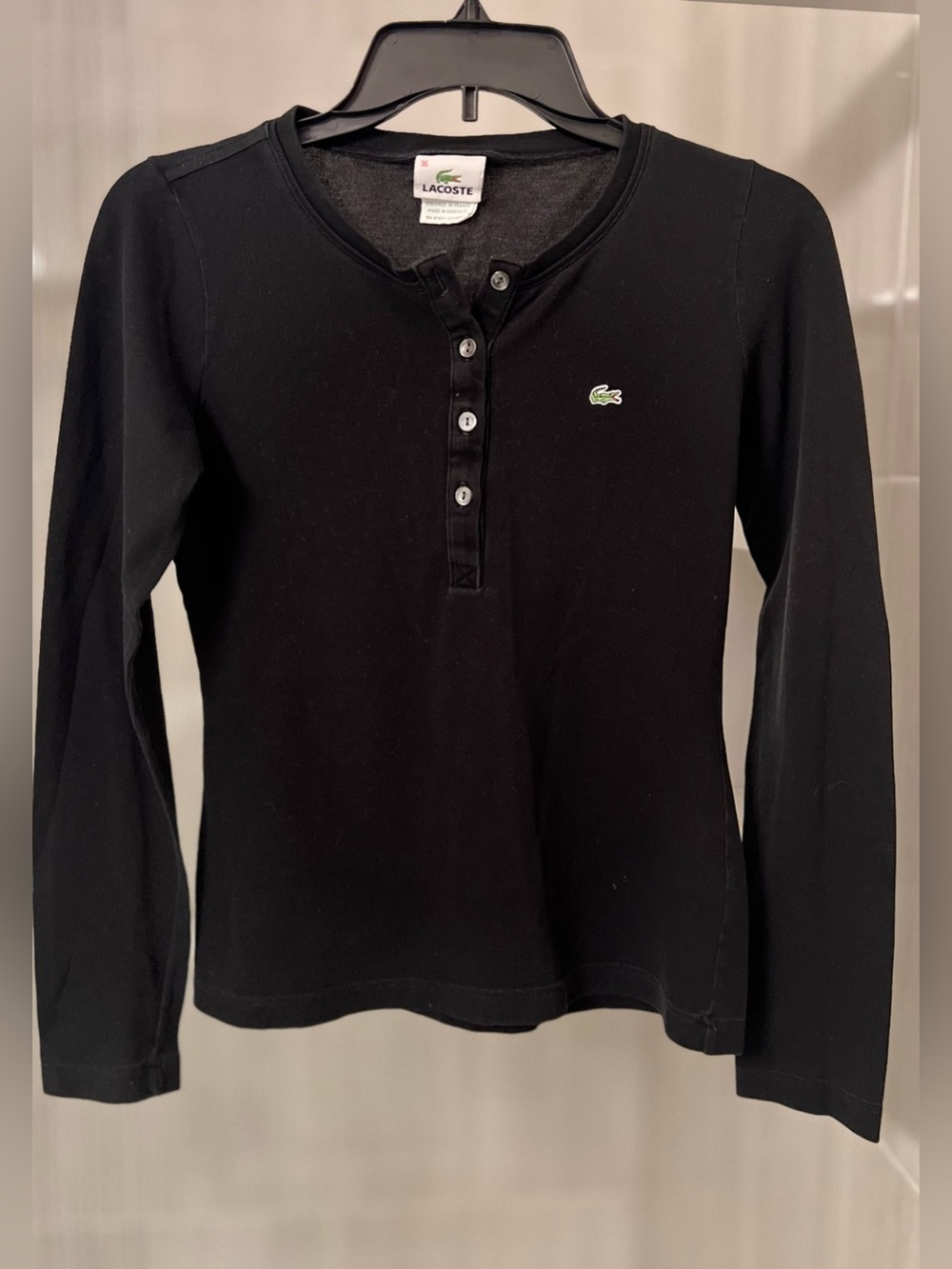 Lacoste Black Piqué Cotton Henley Long Sleeve Shirt Embroidered Logo